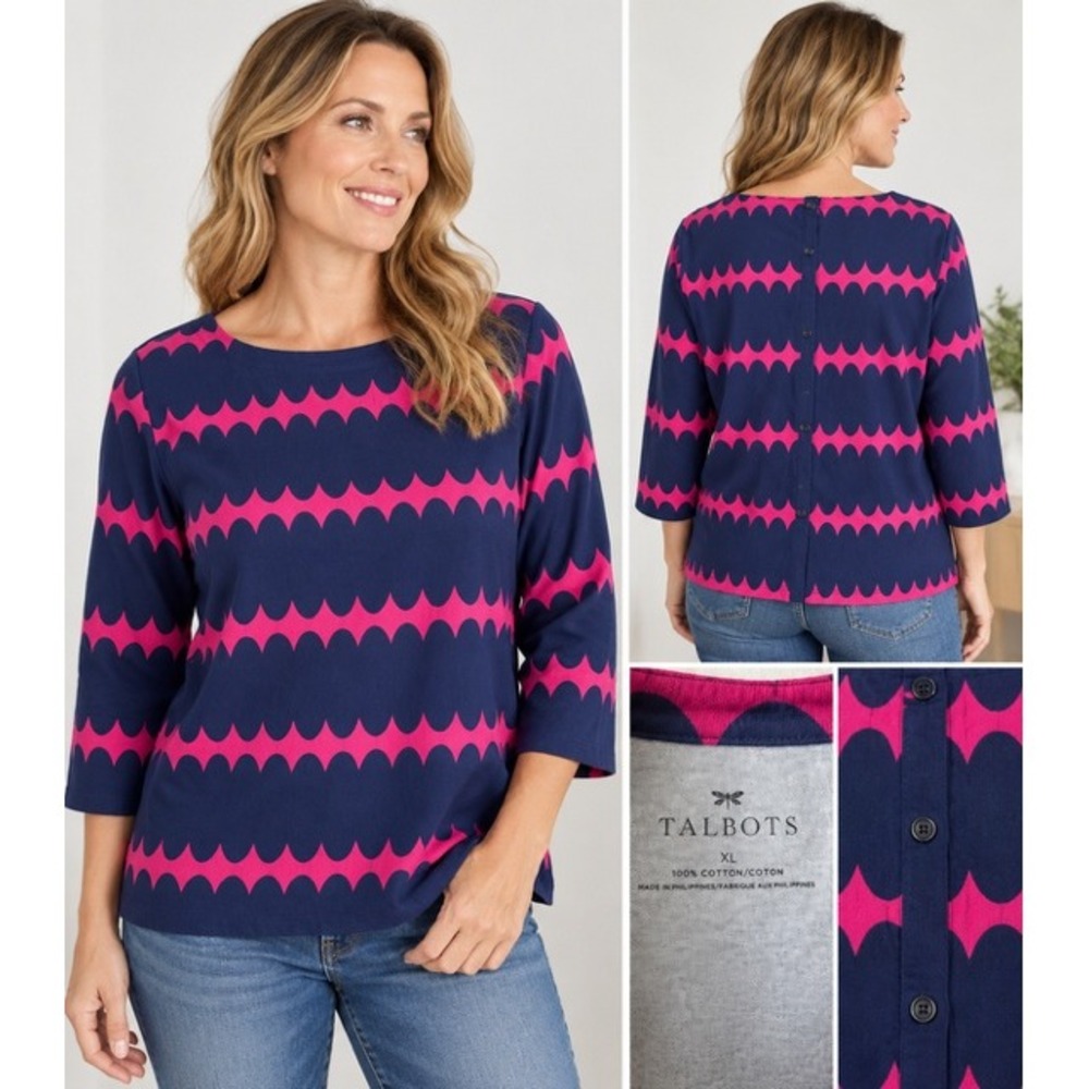 Talbots Womens XL Navy Pink Scallop Print Boatneck 3/4 Sleeve Button Back Top